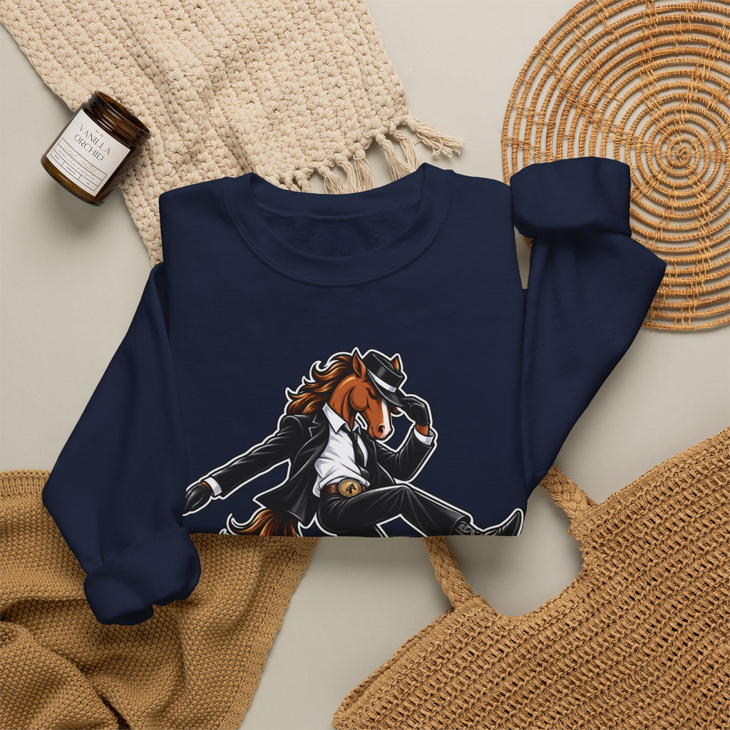 Horse Hee-Hee Crewneck Sweatshirt — Funny Galloping Horse Graphic