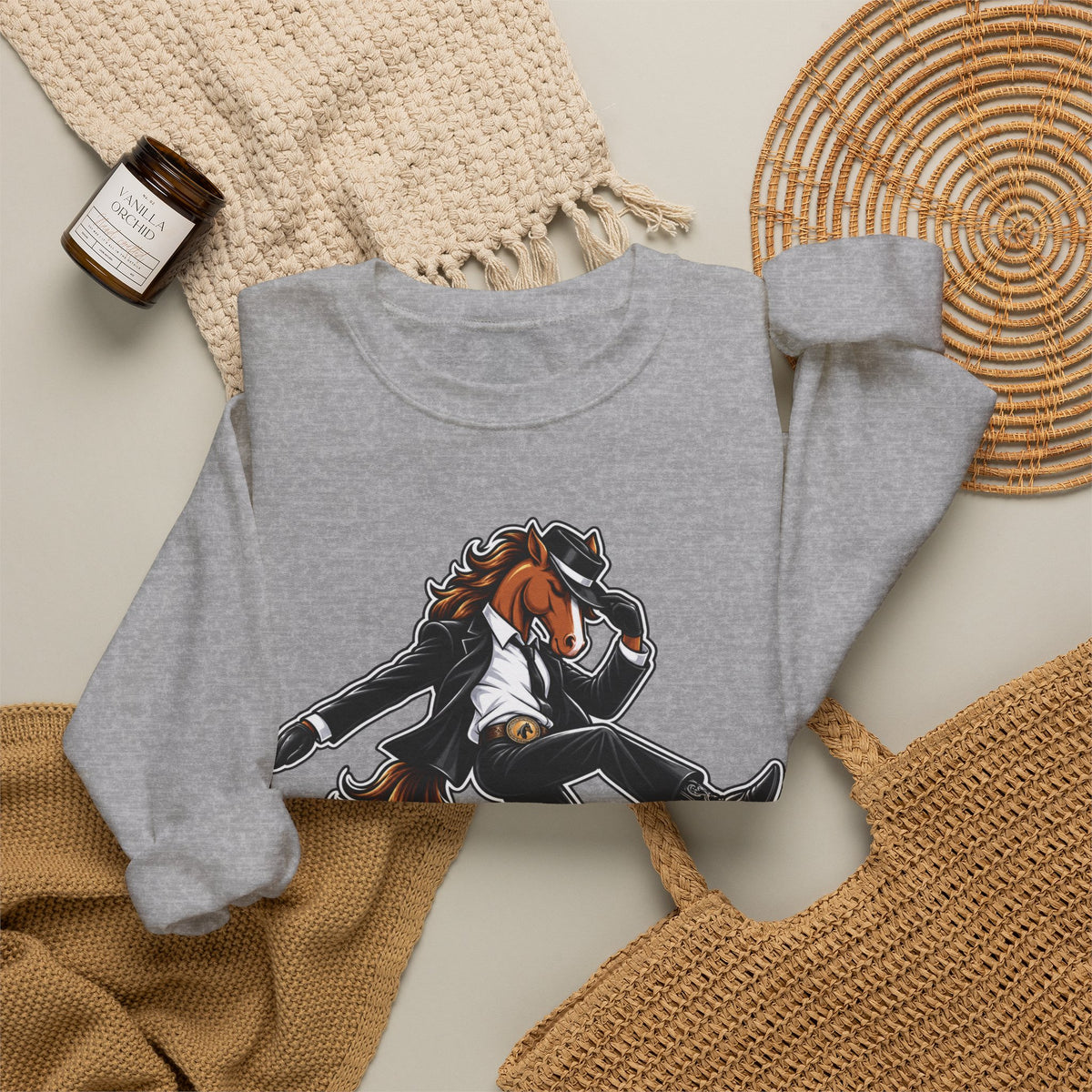 Horse Hee-Hee Crewneck Sweatshirt — Funny Galloping Horse Graphic