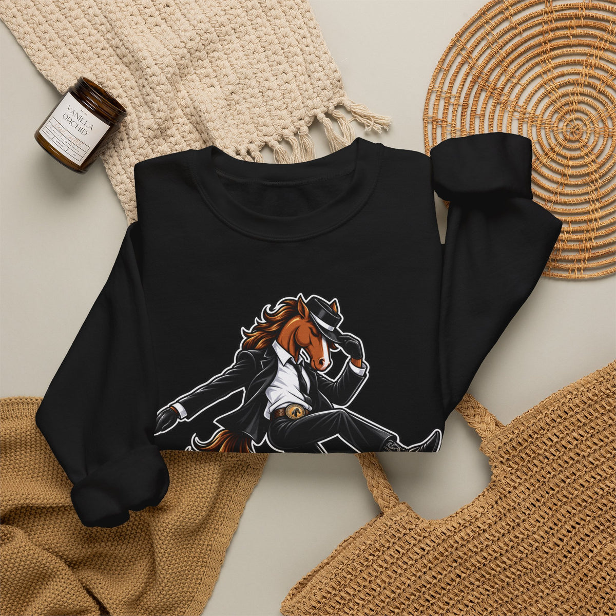Horse Hee-Hee Crewneck Sweatshirt — Funny Galloping Horse Graphic