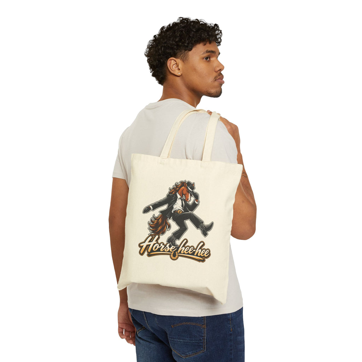 Horse Hee-Hee Canvas Tote Bag — Fun Dancing Horse Graphic Cotton Shopper