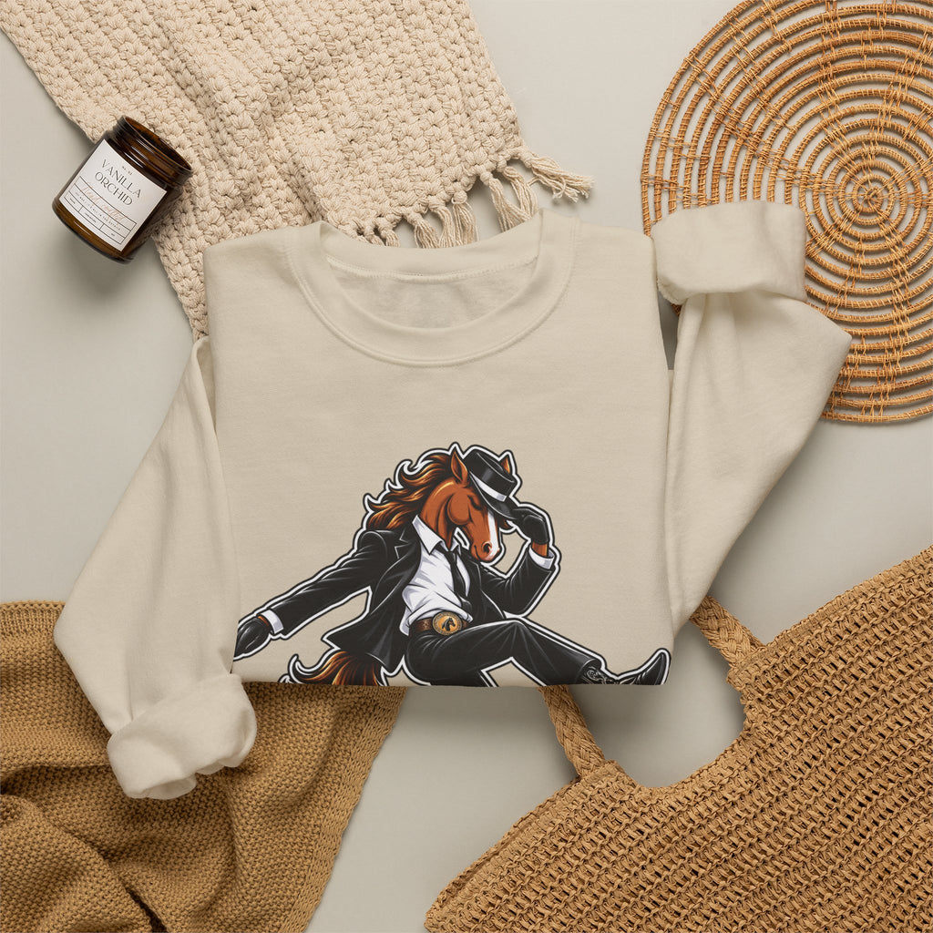 Horse Hee-Hee Crewneck Sweatshirt — Funny Galloping Horse Graphic